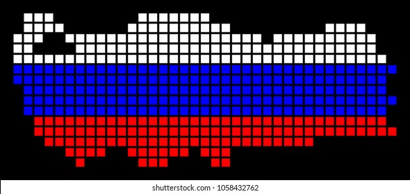 A dotted pixel Turkey Map. Vector geographic map in Russia flag colors on a black background. Russian blue, red and white colored vector abstract composition of Turkey Map created of square dots.