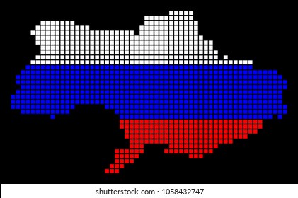 A dotted pixel Ukraine Map. Vector geographic map in Russia flag colors on a black background. Russian blue,