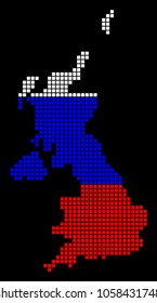 A dotted pixel United Kingdom Map. Vector geographic map in Russia flag colors on a black background. Russian blue,