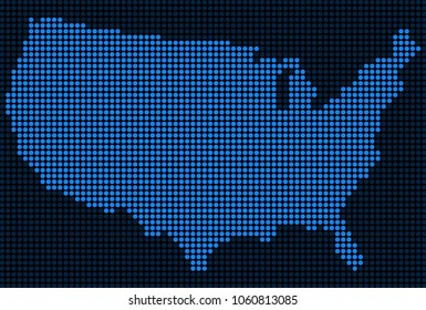 Dotted pixel USA Map. Vector geographic map in blue colors. Vector mosaic of USA Map designed of round dots.