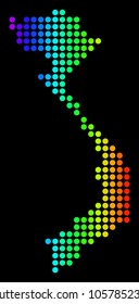 Dotted pixel Vietnam Map. Vector geographic map in bright spectrum colors on a black background. Colorful vector pattern of Vietnam Map created of small circles.