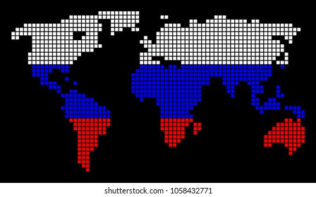 A dotted pixel World Map. Vector geographic map in Russia flag colors on a black background. Russian blue, red and white colored vector abstract mosaic of World Map made of square elements.