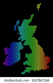 Dotted pixelated Great Britain And Ireland Map. Vector geographic map in bright spectrum colors on a black background.