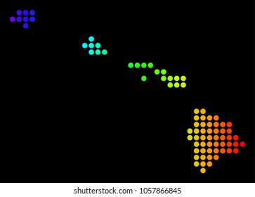 Dotted pixelated Havaii Islands Map. Vector geographic map in bright spectrum colors on a black background. Colored vector composition of Havaii Islands Map combined of circle elements.