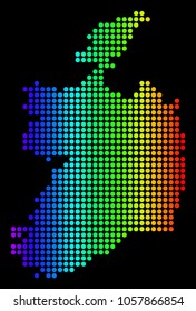 Dotted pixelated Ireland Republic Map. Vector geographic map in bright spectrum colors on a black background. Colorful vector collage of Ireland Republic Map created of small circles.