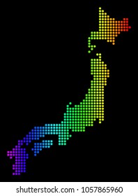 Dotted pixelated Japan Map. Vector geographic map in bright spectrum colors on a black background. Multicolored vector mosaic of Japan Map composed of dot elements.