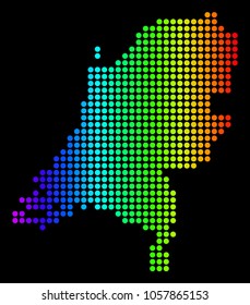 Dotted pixelated Netherlands Map. Vector geographic map in bright spectrum colors on a black background. Colorful vector collage of Netherlands Map combined of circle elements.