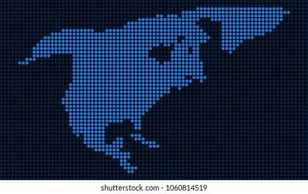 Dotted pixelated North America Map. Vector geographic map in blue colors. Vector pattern of North America Map composed of small circles.