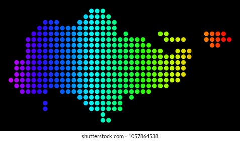 Dotted pixelated Singapore Map. Vector geographic map in bright spectrum colors on a black background. Colorful vector concept of Singapore Map designed of circle dots.