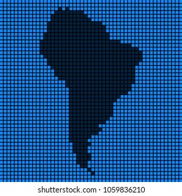 Dotted pixelated South America Map. Vector geographic map in blue colors. Vector mosaic of South America Map composed of small rounded squares.
