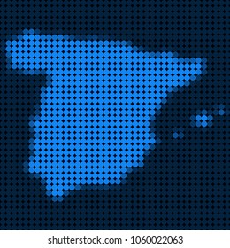 Dotted pixelated Spain Map. Vector geographic map in blue colors. Vector collage of Spain Map composed of small circles.