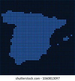 Dotted pixelated Spain Map. Vector geographic map in blue colors. Vector mosaic of Spain Map combined of circle elements.