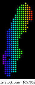Dotted pixelated Sweden Map. Vector geographic map in bright spectrum colors on a black background. Colorful vector concept of Sweden Map made of circle elements.