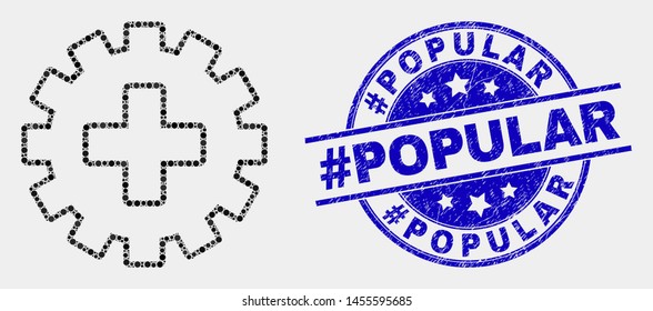Dotted plus gear mosaic pictogram and #Popular seal stamp. Blue vector rounded scratched seal stamp with #Popular text. Vector combination in flat style.