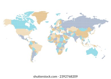 Mapa del mundo político punteado - mosaico de píxeles de cuadrados redondeados. Cuatro colores en azul y naranja. Ilustración del vector