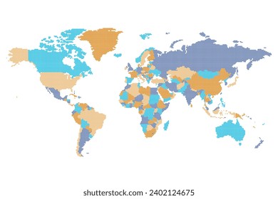 Dotted Political World Map - pixel mosaic of rounded squares. Four color scheme in blue and orange. Vector illustration