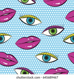 Fondo de arte pop. Patrón sin inconvenientes con labios y ojos hembra sexys. Patrón de estilo de arte pop.Patrón retro sin fisuras. Patrón geométrico retro. Concepto de tipografía. Ilustración vectorial.
