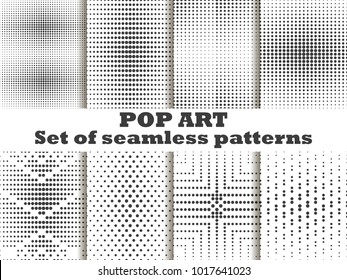 Dotted, Pop Art seamless pattern set. Halftone dots background. Black and white color. Vector illustration