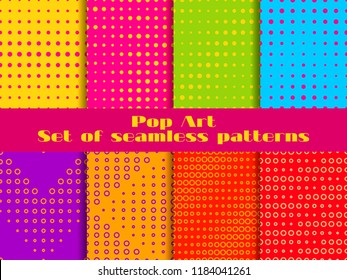 Dotted, Pop Art seamless pattern set. Halftone background with dots. Vector illustration