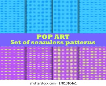 Dotted, Pop Art seamless pattern set. 1960s pop art background for promotional items, wrapping paper and printing. Vector illustration