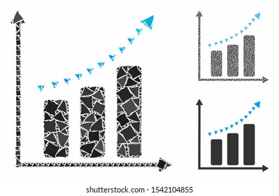 Dotted positive trend composition of uneven pieces in different sizes and color tints, based on dotted positive trend icon. Vector raggy pieces are united into collage.