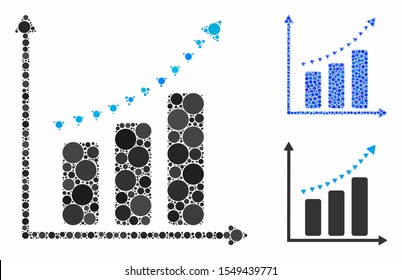 Dotted positive trend mosaic of filled circles in variable sizes and color tinges, based on dotted positive trend icon. Vector filled circles are united into blue illustration.