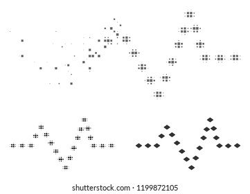 Dotted pulse icon in dispersed, pixelated halftone and undamaged solid versions. Particles are composed into vector dissolving dotted pulse icon. Disappearing effect uses square particles.