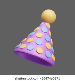Dotted purple birthday cone hat with pom pom 3D style vector icon. Happy birthday celebration cap, holiday decoration, children birthday party. Festive clown cone hat, circus decor element 3D render.