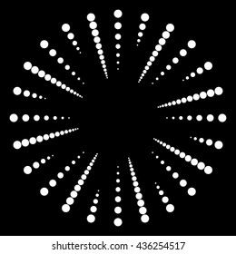 Dotted radial, radiating lines. Circular dots motif. Abstract black and white, monochrome design element