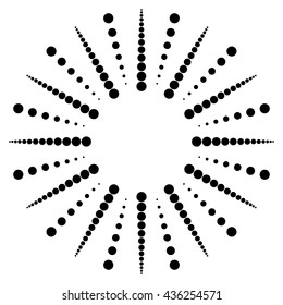 Dotted radial, radiating lines. Circular dots motif. Abstract black and white, monochrome design element