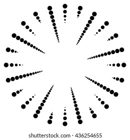 Dotted radial, radiating lines. Circular dots motif. Abstract black and white, monochrome design element