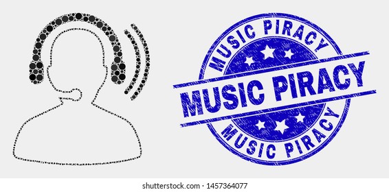 Dotted radio operator headset mosaic icon and Music Piracy stamp. Blue vector round textured watermark with Music Piracy phrase. Vector collage in flat style.