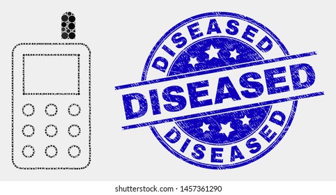 Dotted radio transmitter mosaic pictogram and Diseased seal stamp. Blue vector rounded textured stamp with Diseased caption. Vector collage in flat style.