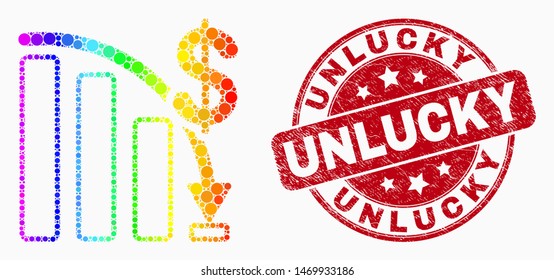 Dotted rainbow crisis bar chart mosaic icon and Unlucky seal. Red vector rounded grunge seal stamp with Unlucky text. Vector composition in flat style.