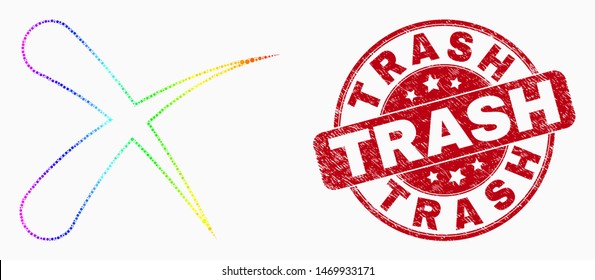 Dotted rainbow erase mosaic icon and Trash stamp. Red vector rounded grunge seal stamp with Trash text. Vector collage in flat style. Colored erase mosaic of scattered spheres,