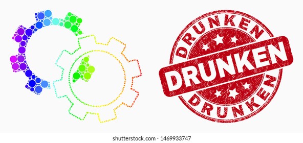 Dotted rainbow gears mosaic icon and Drunken seal stamp. Red vector rounded scratched seal stamp with Drunken phrase. Vector composition in flat style.