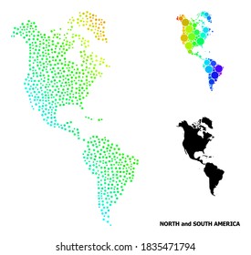 Dotted rainbow gradient, and monochrome map of South and North America, and black caption. Vector model is created from map of South and North America with spheres.