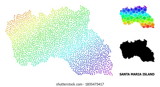 Dotted rainbow gradient, and monochrome map of Santa Maria Island, and black text. Vector model is created from map of Santa Maria Island with round dots. Collage for geographic templates.