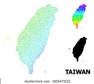 Gepunkteter Regenbogen-Farbverlauf, einfarbige Karte von Taiwan, und schwarzer Text. Vektorstruktur wird aus Karte von Taiwan mit Kreisen erstellt. Abstraktion ist für geografische Ziele nützlich.