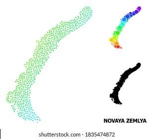 Dotted rainbow gradient, and monochrome map of Novaya Zemlya Islands, and black tag. Vector model is created from map of Novaya Zemlya Islands with round dots.