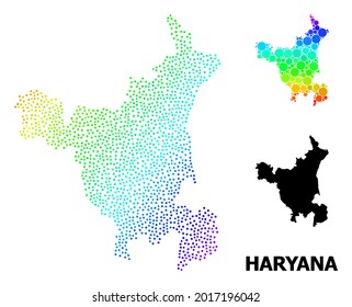 Dotted rainbow gradient, and monochrome map of Haryana State, and black name. Vector structure is created from map of Haryana State with spheres. Template is useful for political aims.