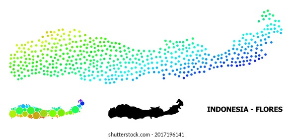 Dotted rainbow gradient, and monochrome map of Indonesia - Flores Island, and black tag. Vector structure is created from map of Indonesia - Flores Island with spheres.