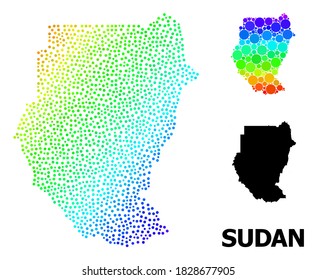 Dotted rainbow gradient, and solid map of Sudan, and black tag. Vector model is created from map of Sudan with circles. Abstraction designed for political aims. Colorful gradient map of Sudan,