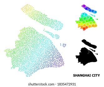 Dotted rainbow gradient, and solid map of Shanghai Municipality, and black tag. Vector model is created from map of Shanghai Municipality with round dots. Collage is useful for geographic aims.