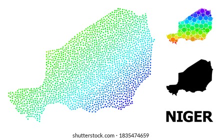 Dotted rainbow gradient, and solid map of Niger, and black title. Vector model is created from map of Niger with circles. Abstraction for political aims. Colorful gradient map of Niger,