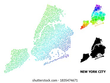 Dotted rainbow gradient, and solid map of New York City, and black text. Vector structure is created from map of New York City with spheres. Collage for geographic templates.