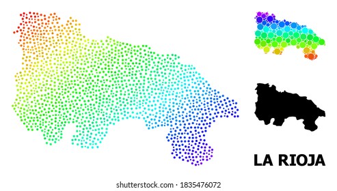 Dotted rainbow gradient, and solid map of La Rioja Spanish Province, and black tag. Vector structure is created from map of La Rioja Spanish Province with round dots.
