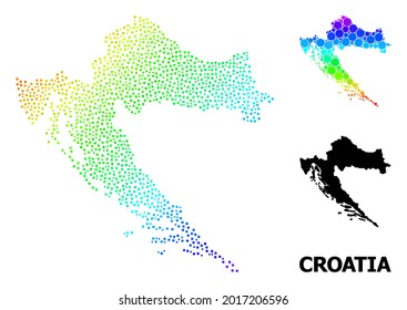 Dotted Rainbow Gradient, And Solid Map Of Croatia, And Black Caption. Vector Structure Is Created From Map Of Croatia With Circles. Template Is Useful For Political Ads.