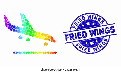 Dotted rainbow gradiented airplane arrival mosaic icon and Fried Wings seal stamp. Blue vector round textured seal with Fried Wings text. Vector collage in flat style.