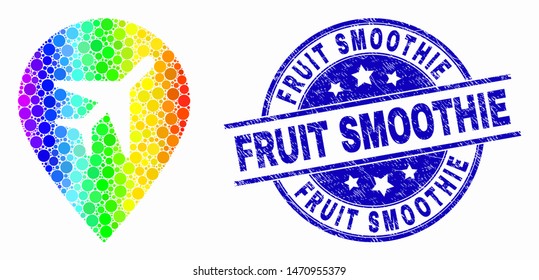 Dotted rainbow gradiented airport map marker mosaic pictogram and Fruit Smoothie seal stamp. Blue vector round distress seal stamp with Fruit Smoothie text. Vector composition in flat style.